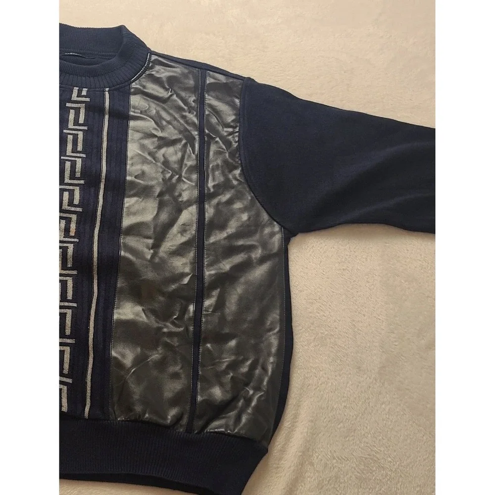 Bagazio Men's Navy Blue Faux Leather Mixed Media Greek Key Knit Sweater Size L